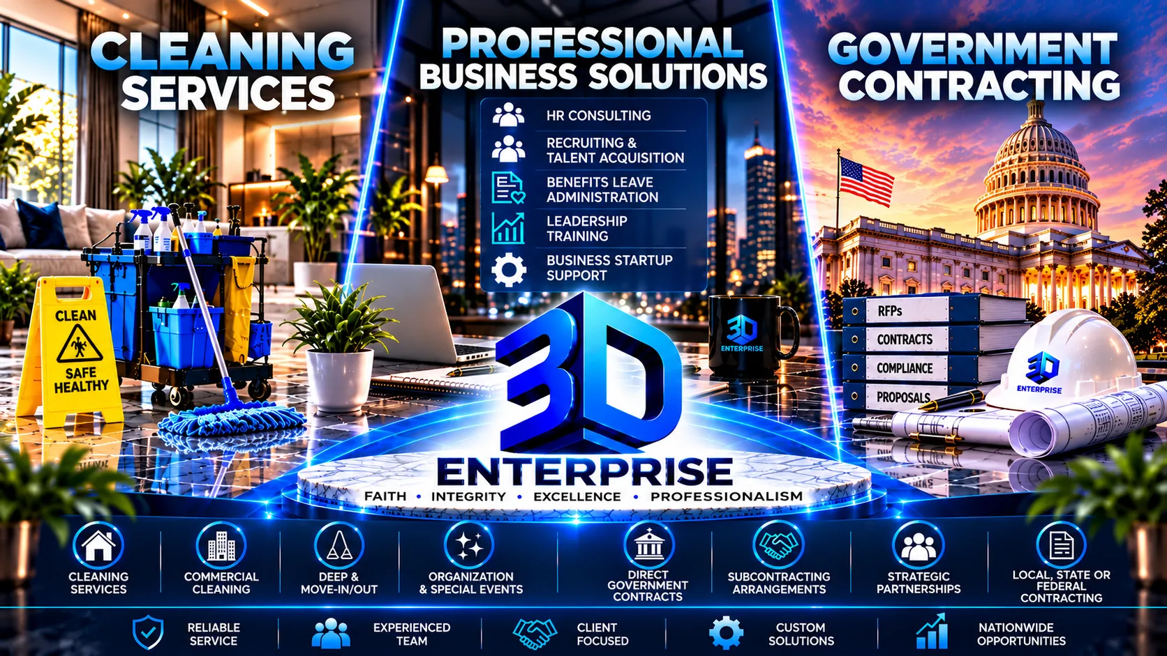 3D Enterprise brand artwork: the company's blue 3D mark on a lit marble pedestal beneath panels for cleaning services, professional business solutions, and government contracting, with a card listing HR consulting, recruiting and talent acquisition, benefits leave administration, leadership training, and business startup support, and badges for reliable service, experienced team, client focused, custom solutions, and nationwide opportunities
