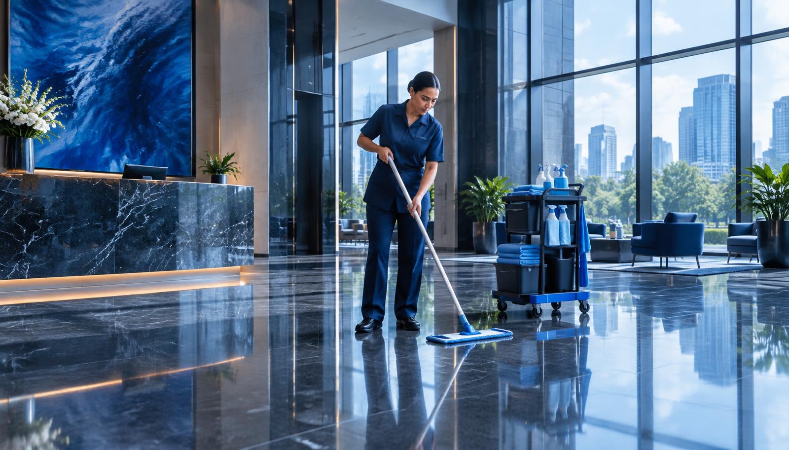 Commercial office lobby being professionally cleaned